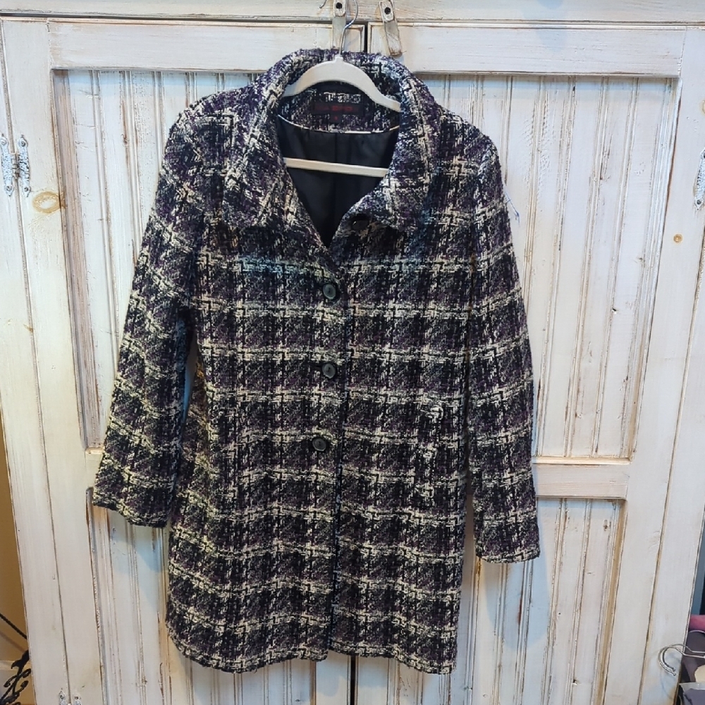 Via Spiga, shades of purple black and white Tweed wool blend coat. Sz 8